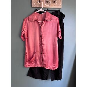 Vintage Charmode Sears 2 Piece Pink Black Satin Women's Pajama Set